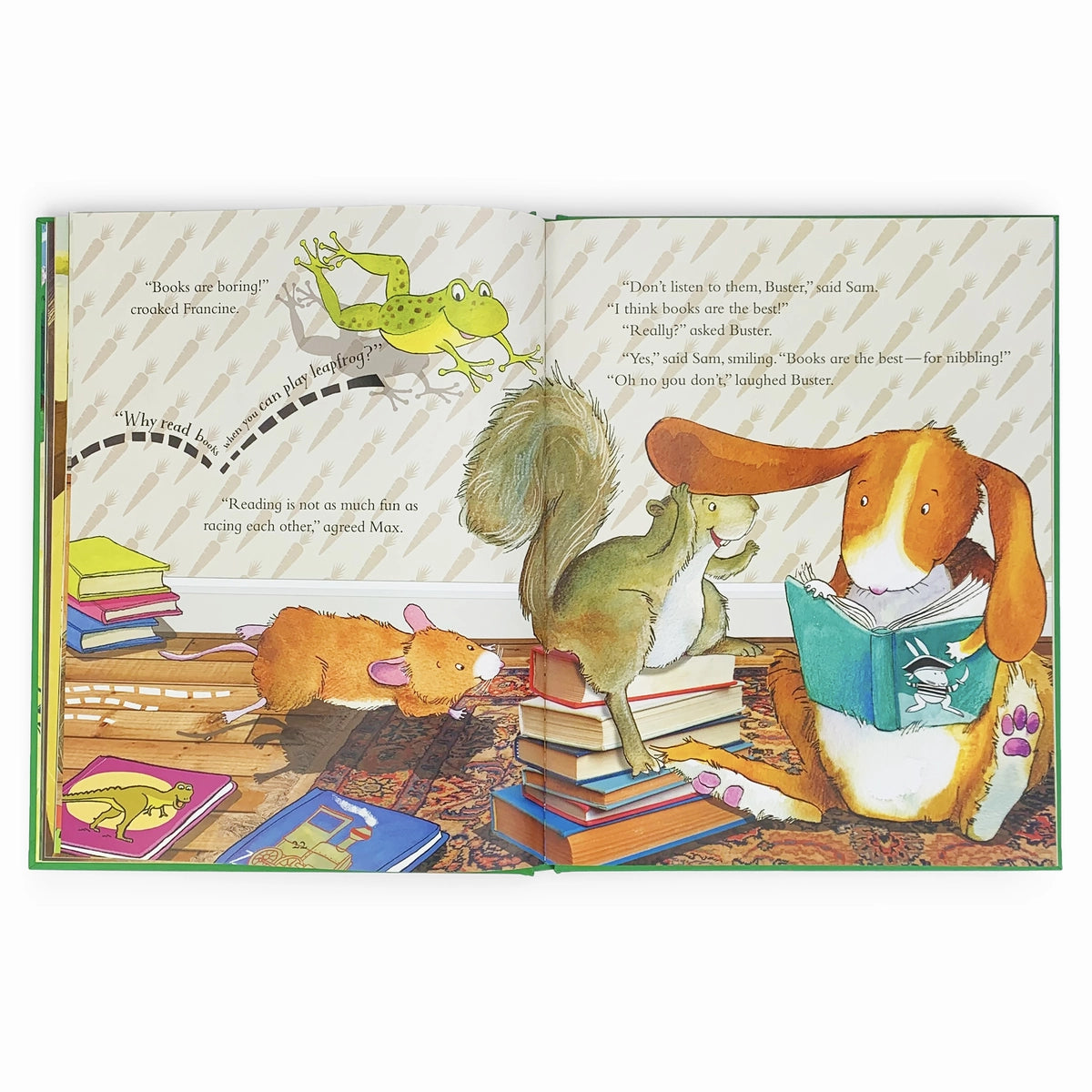 Illustrated book page with animals reading books and interacting.