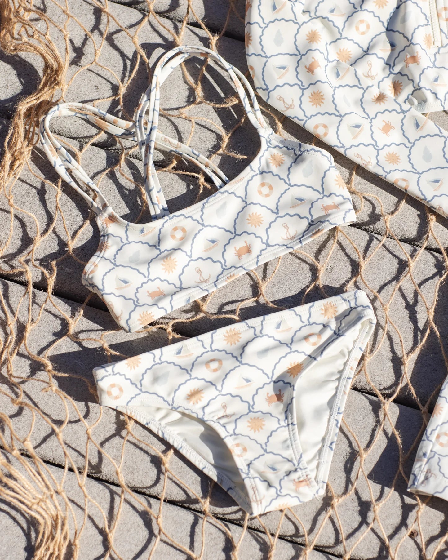 Ivory Nautical Crop Rashguard Swimsuit 3pc Set