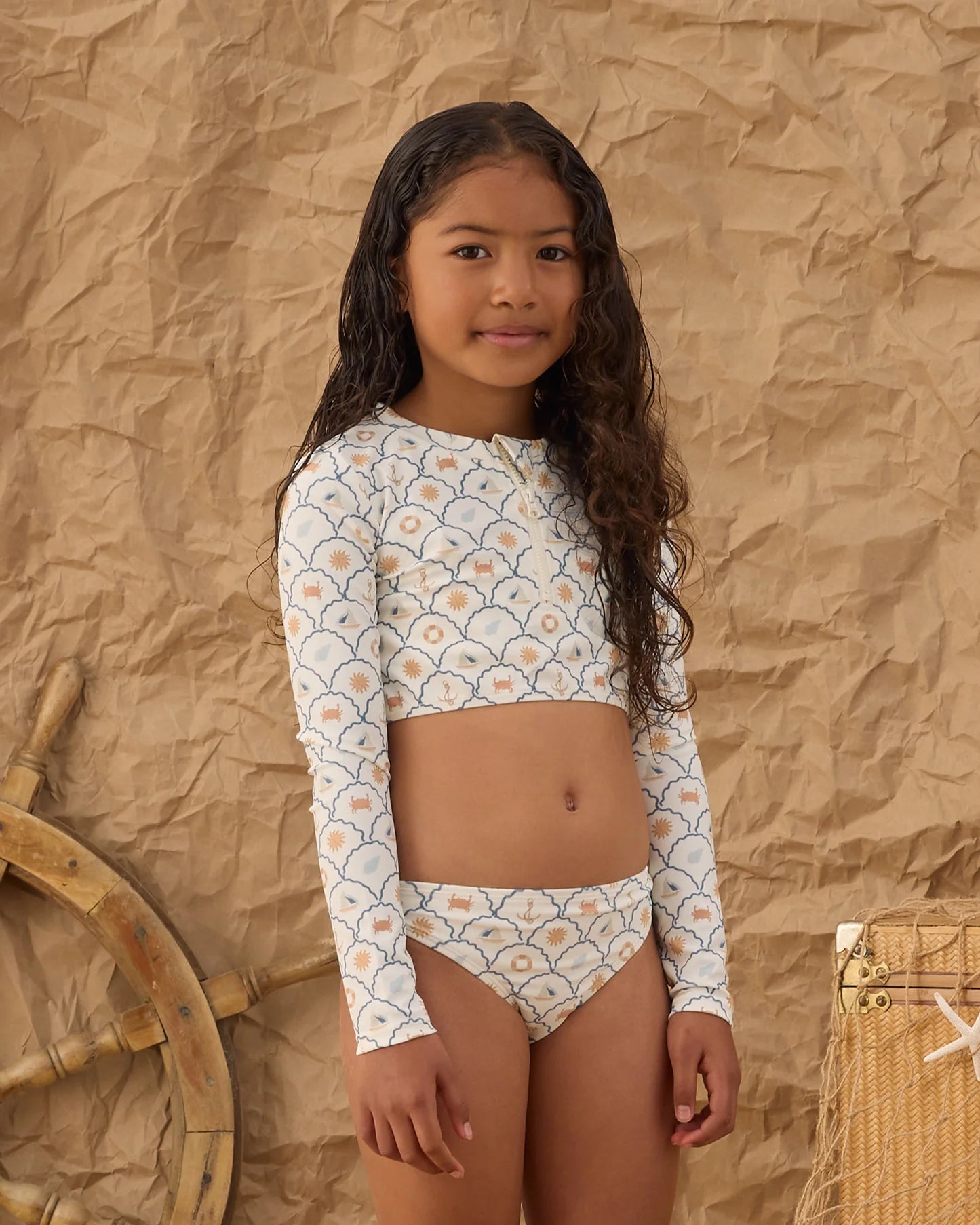 Ivory Nautical Crop Rashguard Swimsuit 3pc Set