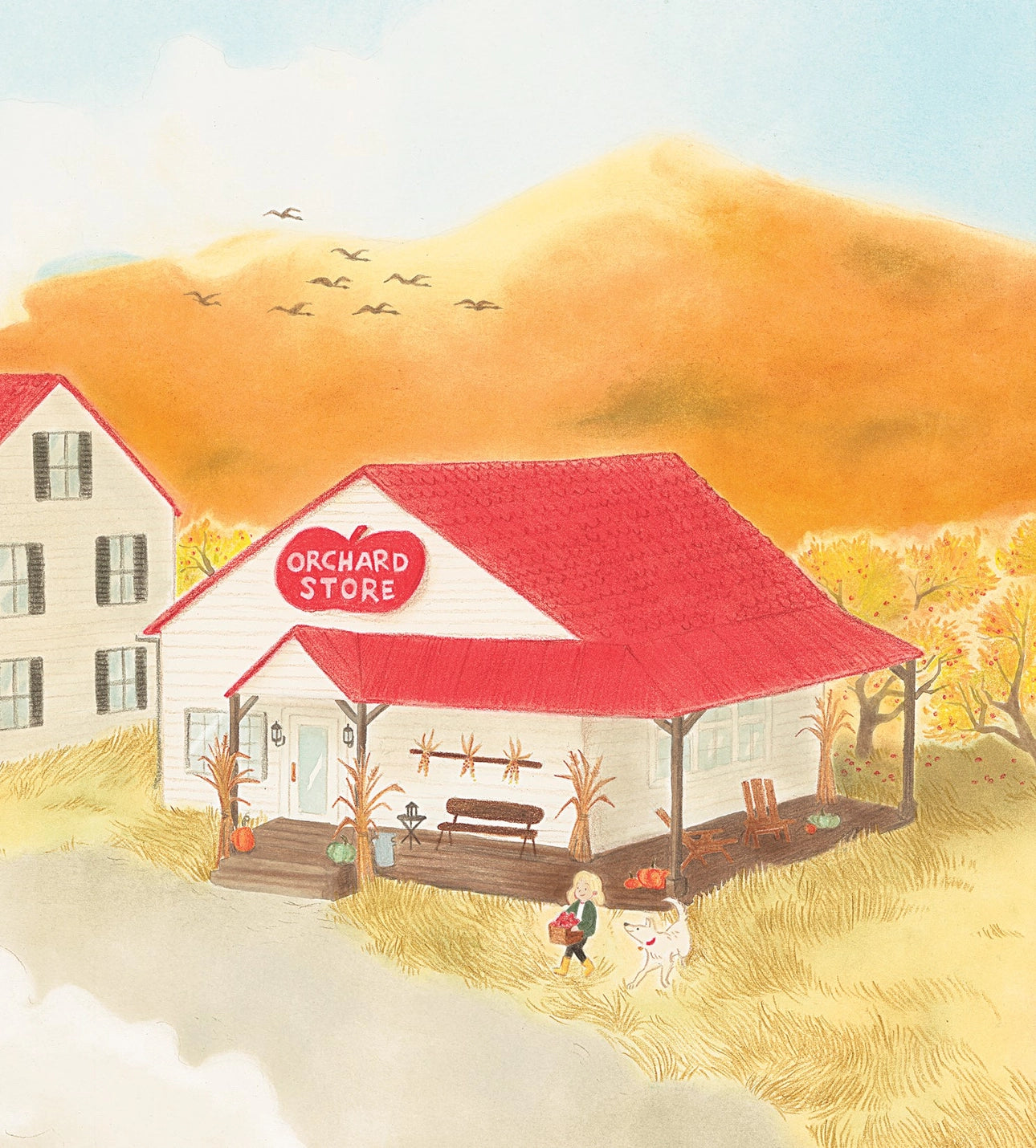 Watercolor-style illustration of a small white farmhouse with a red roof and a red sign reading &
