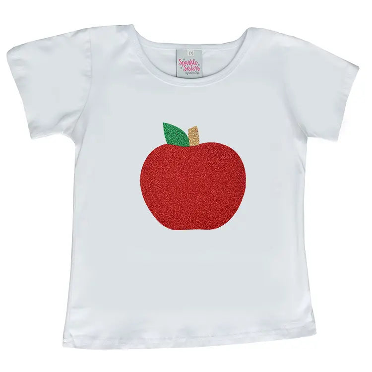 white shirt with sparkly apple on it