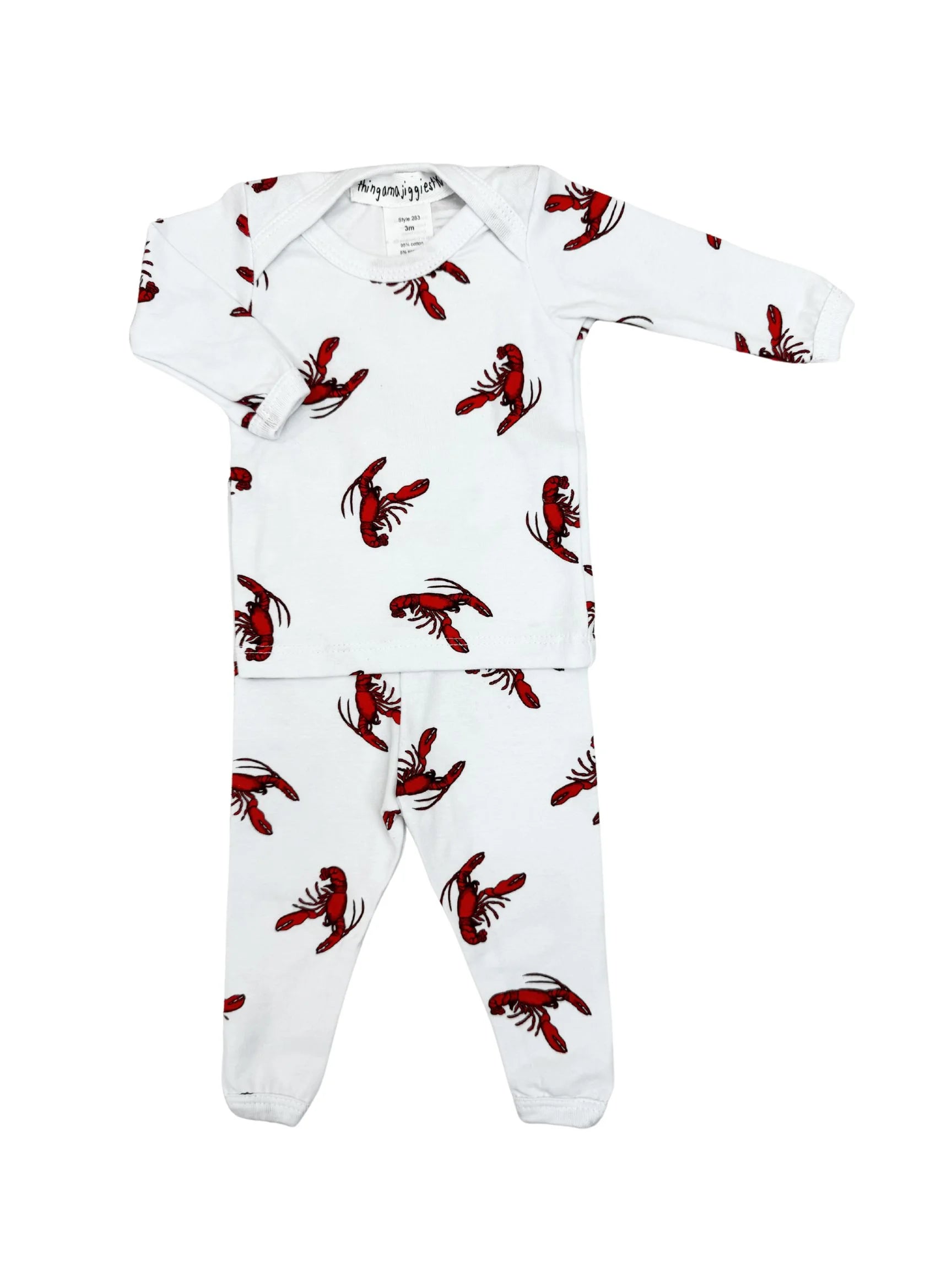 white 2 pc long sleeve kids pajamas with red lobsters