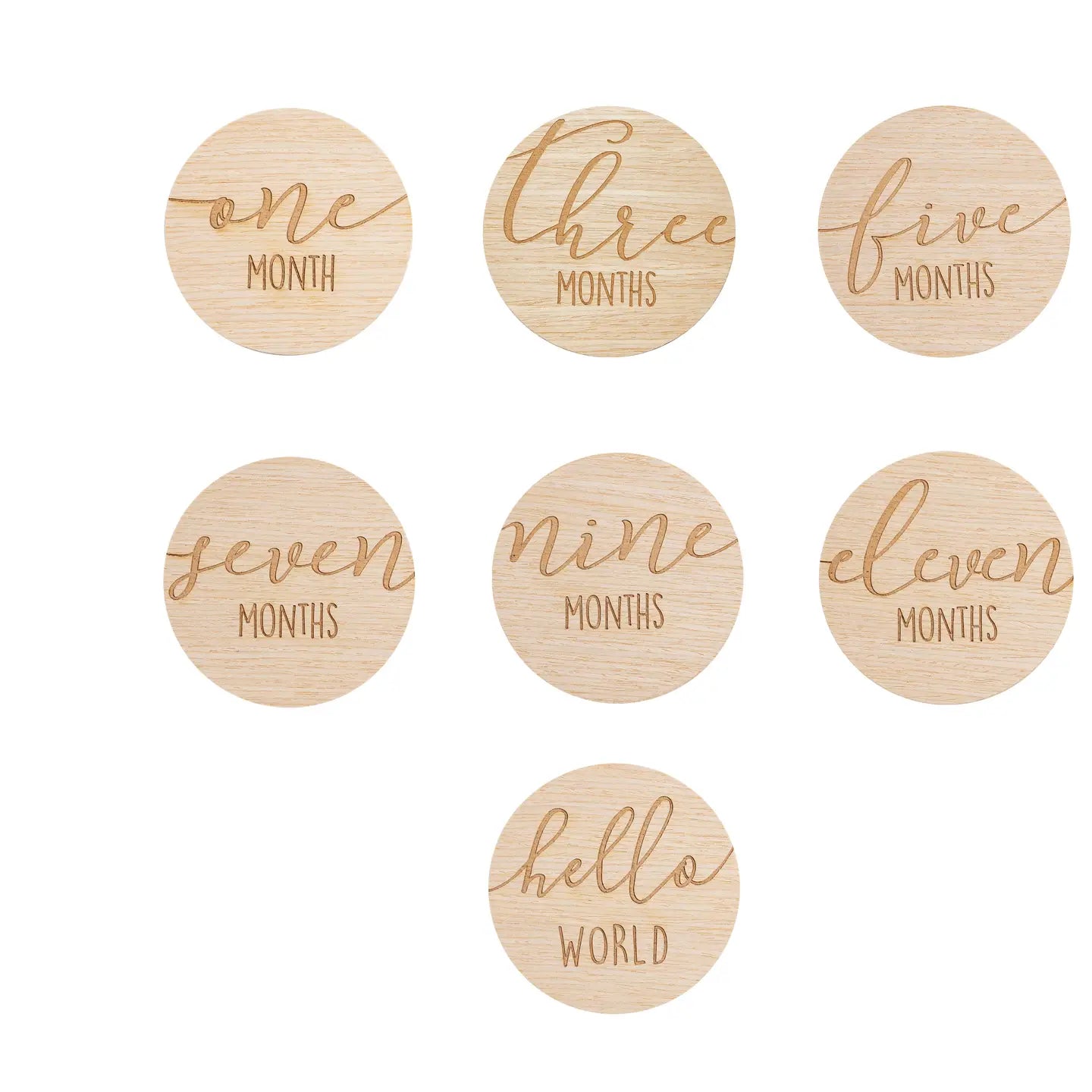 Set of wooden discs with milestone text on a white background