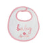 white bib with pink gingham trim with baby sis written on it