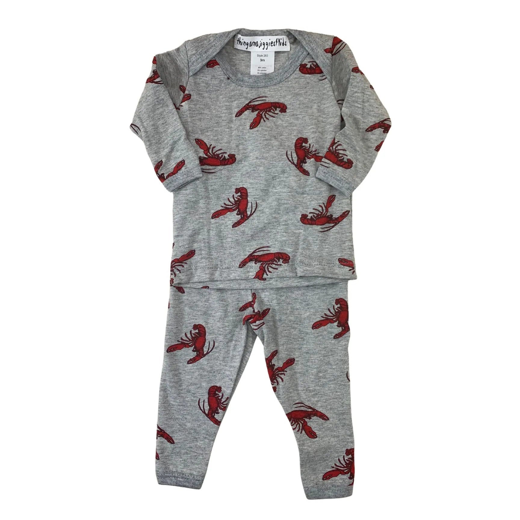 gray two piece pajamas with red lobsters all over