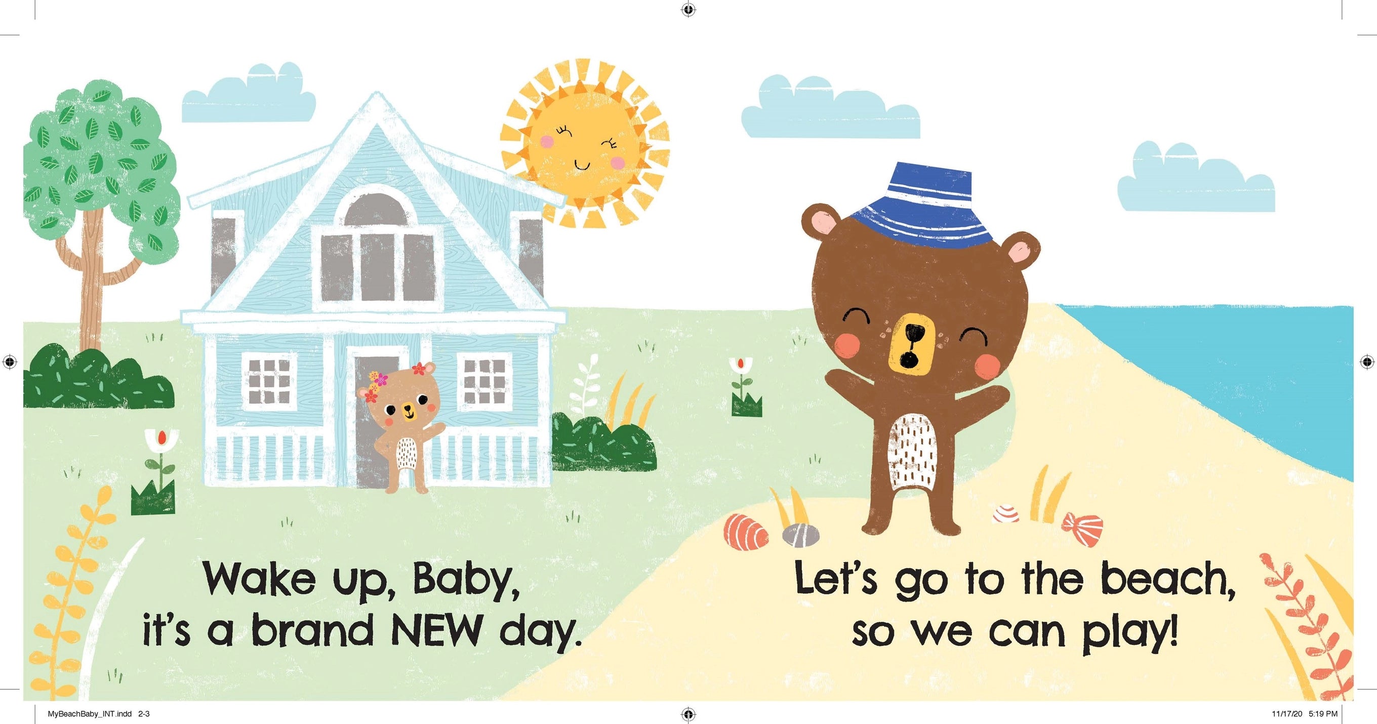 Illustration of a bear character waking up and heading to the beach with text on a colorful background.