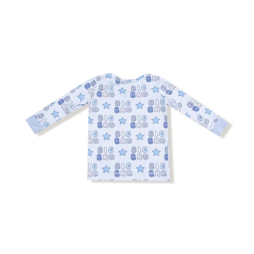 long sleeve top and long pants with Big Bro and stars all over in different shades of blue
