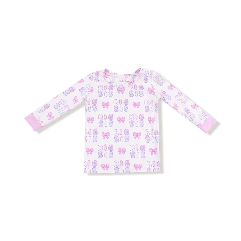 long sleeve top and long pants with Big Sis all over with bows in different shades of pink and purple