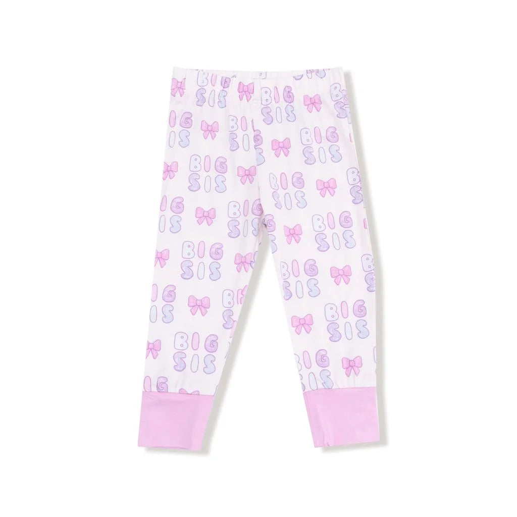 long sleeve top and long pants with Big Sis all over with bows in different shades of pink and purple