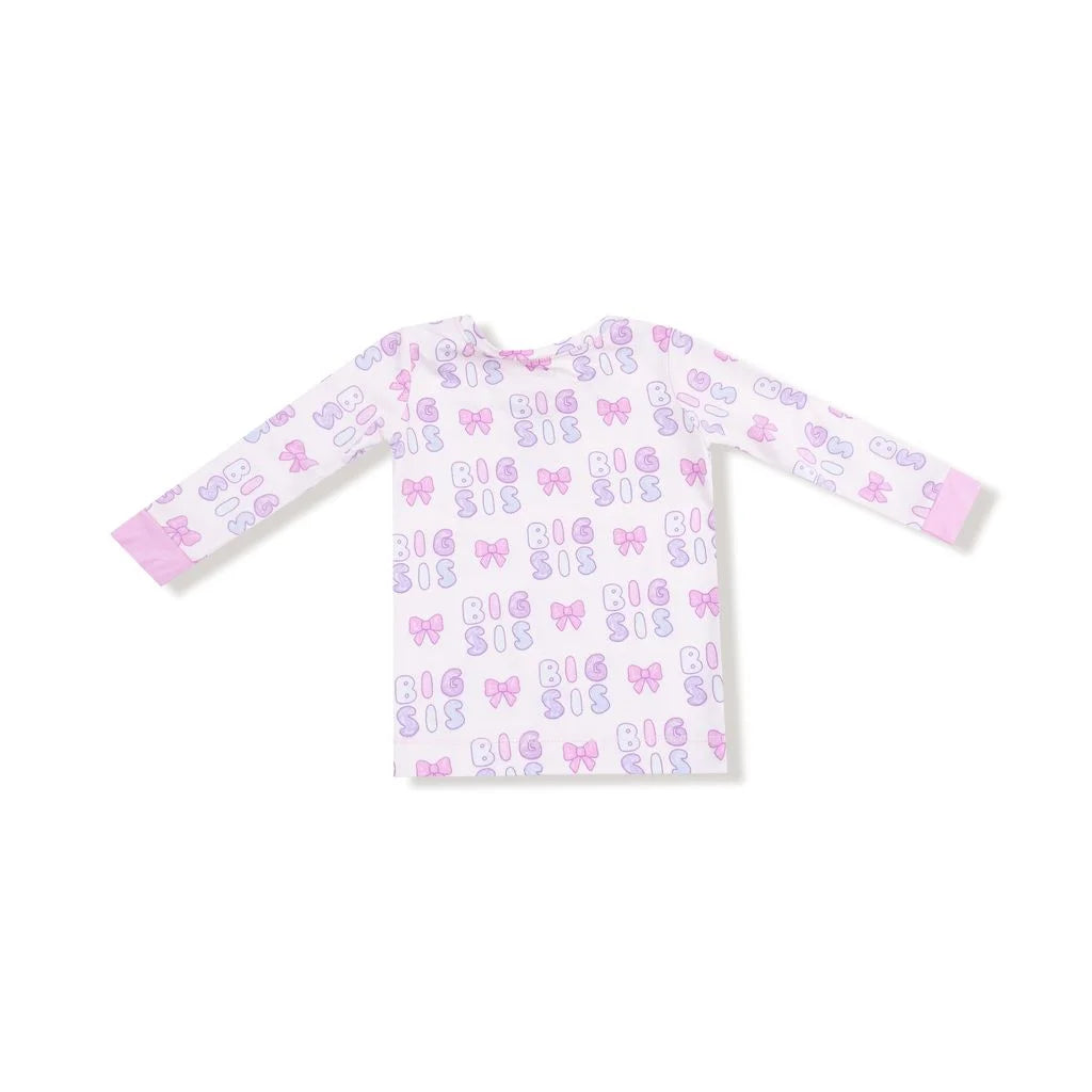 long sleeve top and long pants with Big Sis all over with bows in different shades of pink and purple