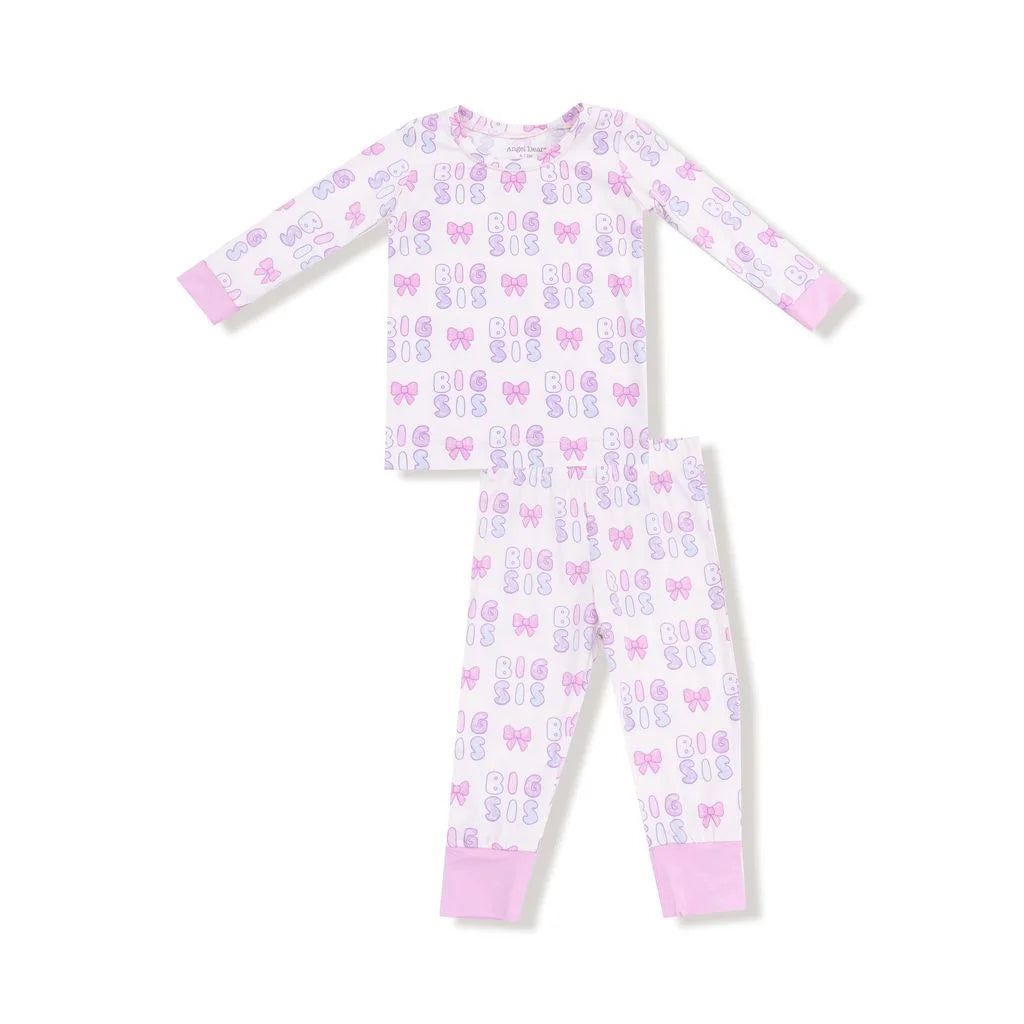 long sleeve top and long pants with Big Sis all over with bows in different shades of pink and purple