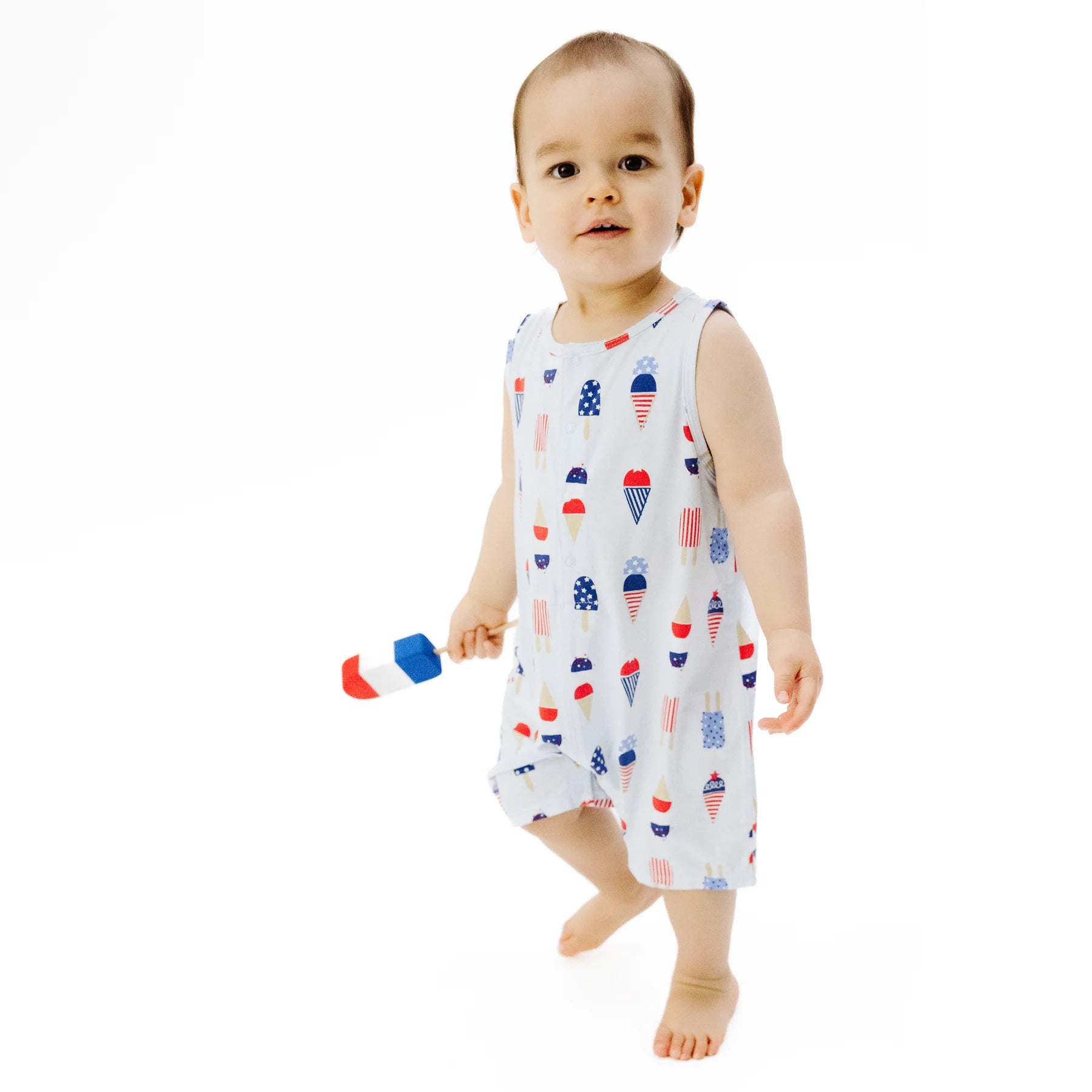 blue sleeveless baby romper with red white and blue ice cream all over
