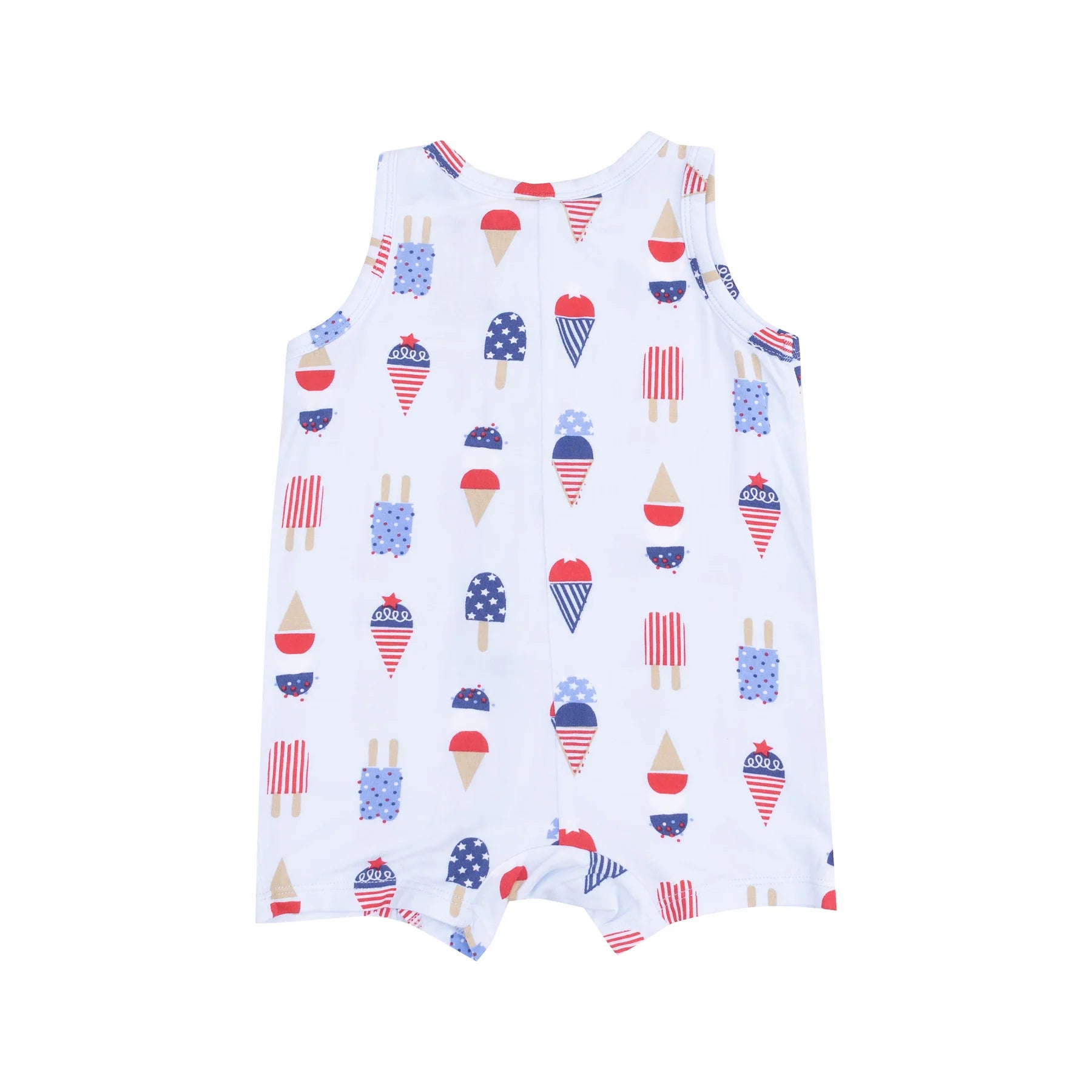 blue sleeveless baby romper with red white and blue ice cream all over