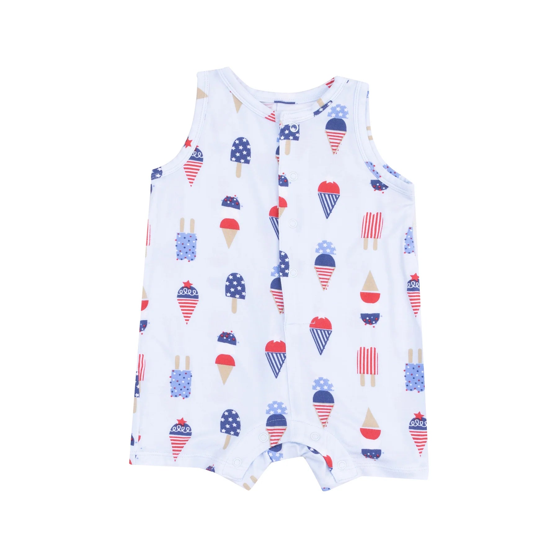 blue sleeveless baby romper with red white and blue ice cream all over