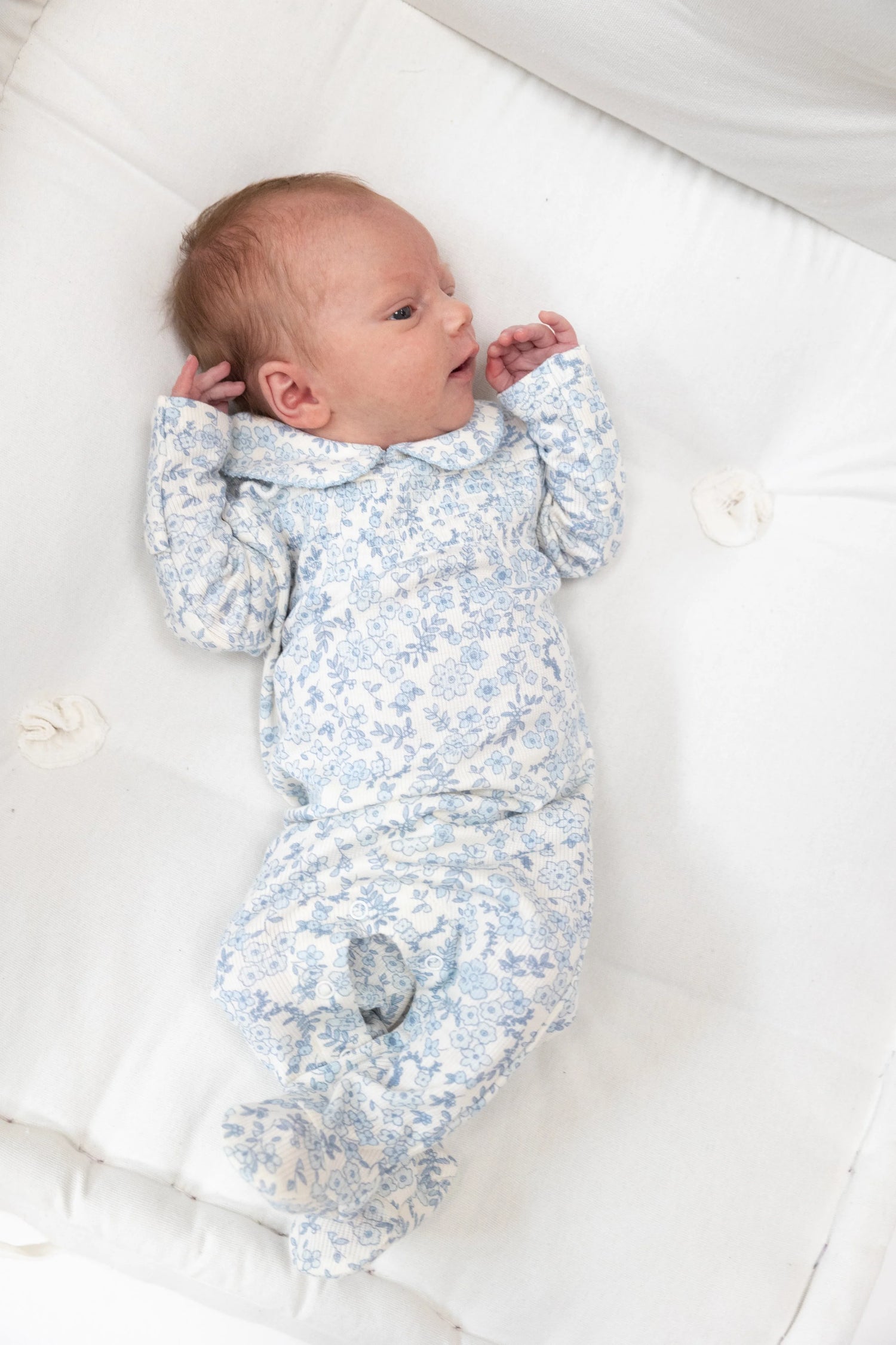 delicate blue floral calico baby footie