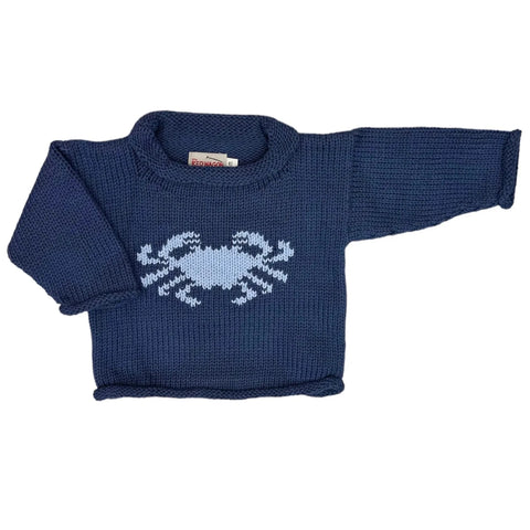 slate blue long sleeve sweater with light blue crab