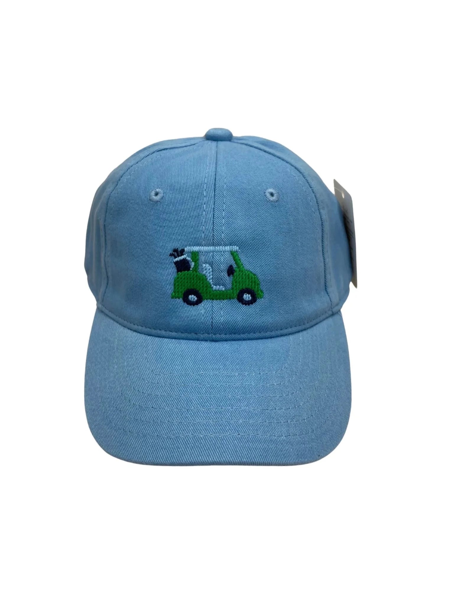 blue hat with green golf cart