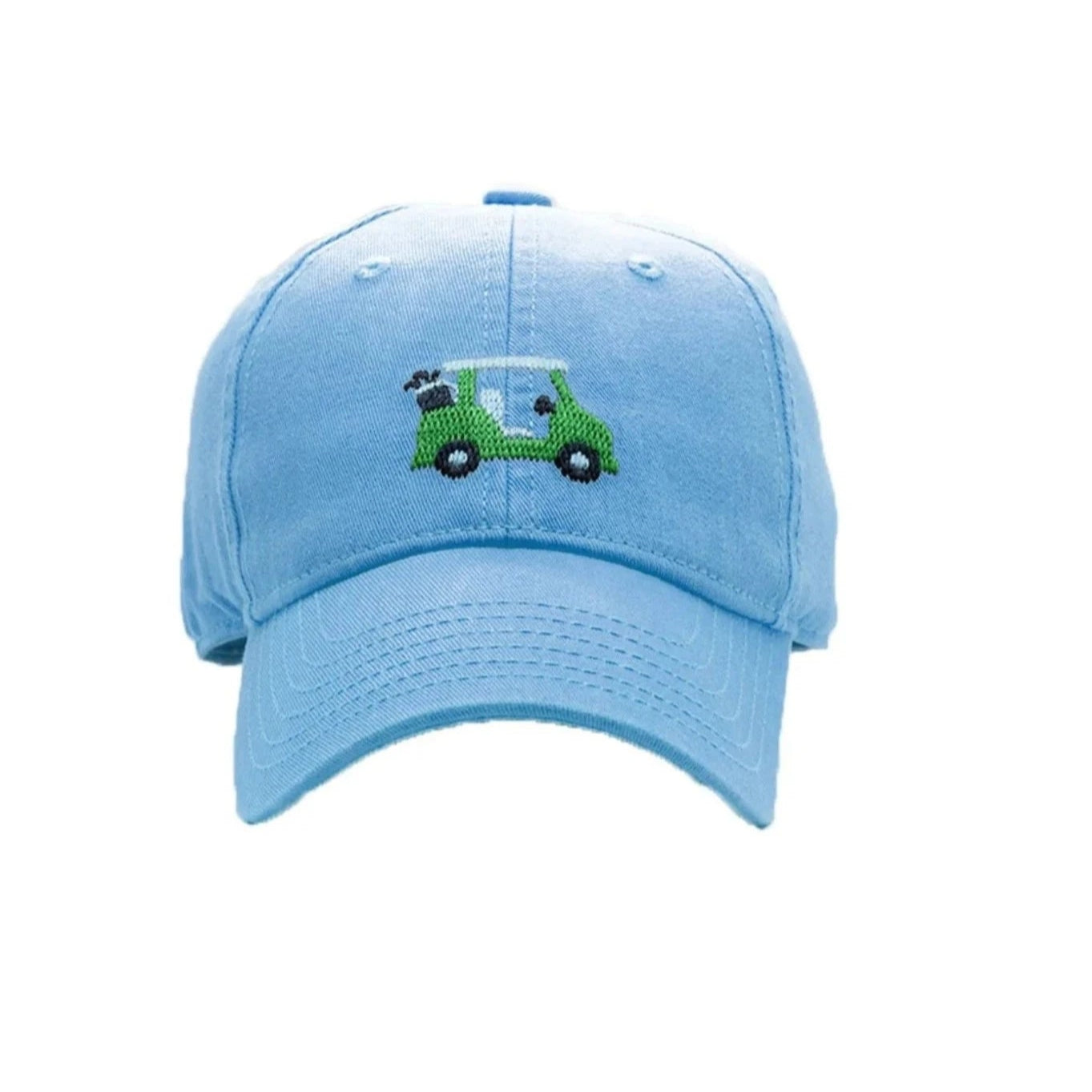 blue hat with green golf cart