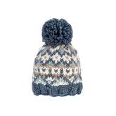 Knitted beanie with a patterned design and blue pom-pom on a white background