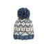Knitted beanie with a patterned design and blue pom-pom on a white background
