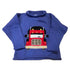 blue roll neck sweater with the front of a red and black tractor trailer knitted on front