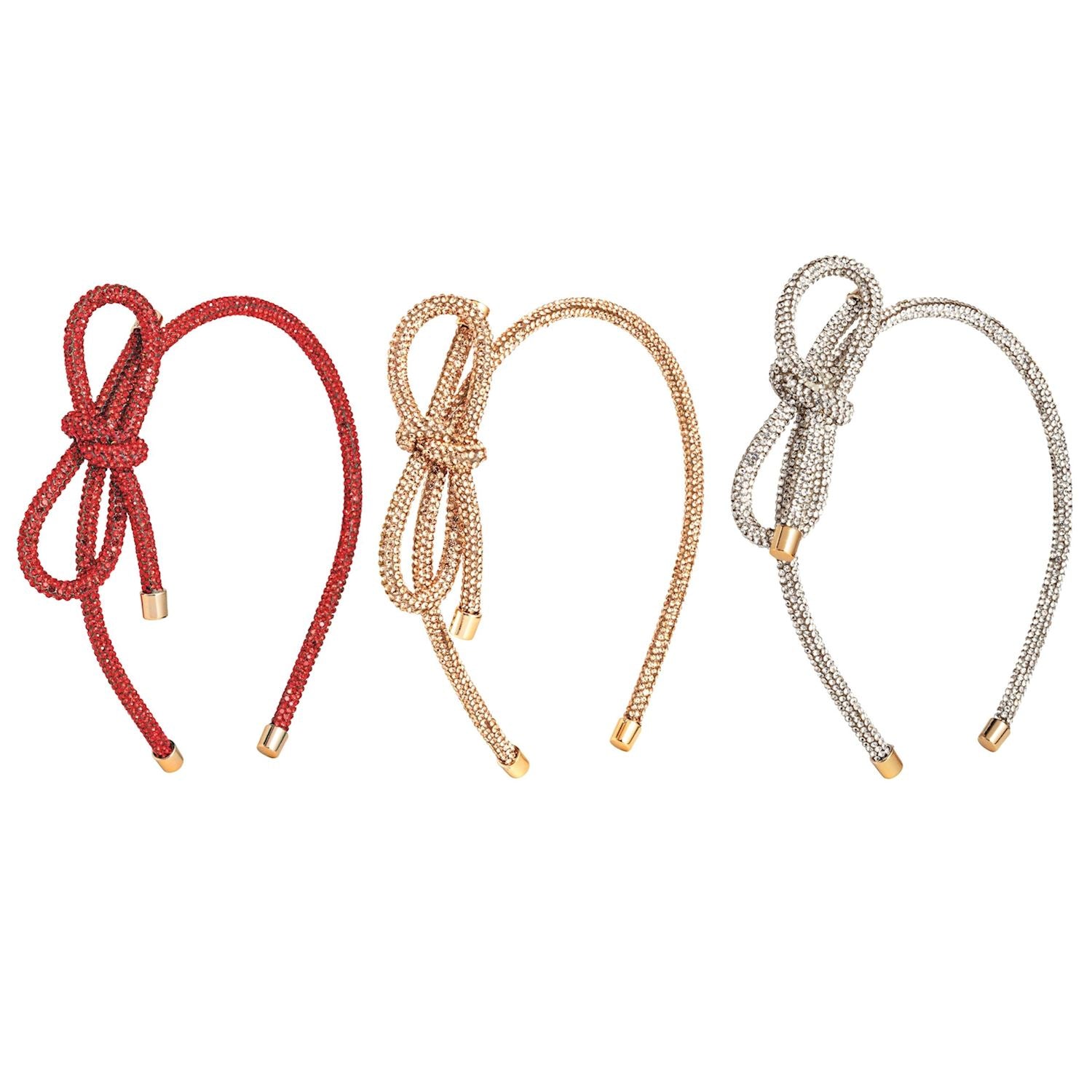 Three decorative headbands in red, gold, and silver on a white background