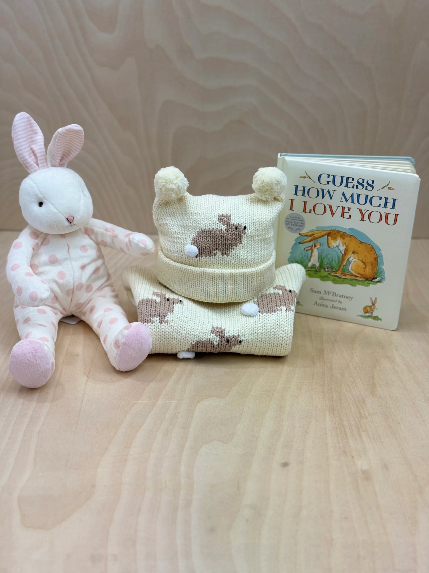 sweater with hat with book and bunny plush