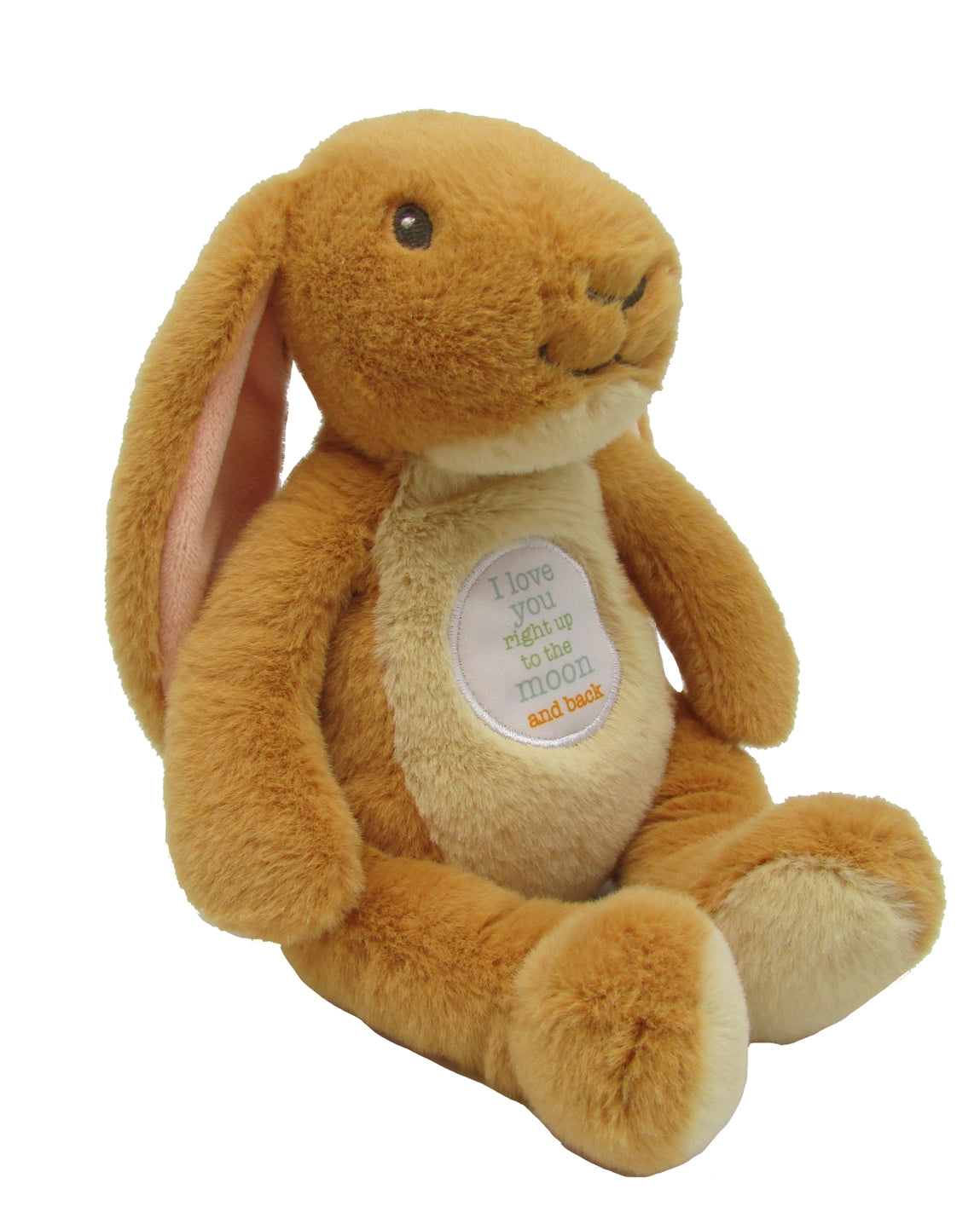 Brown plush bunny with a heart-shaped tag on a white background
