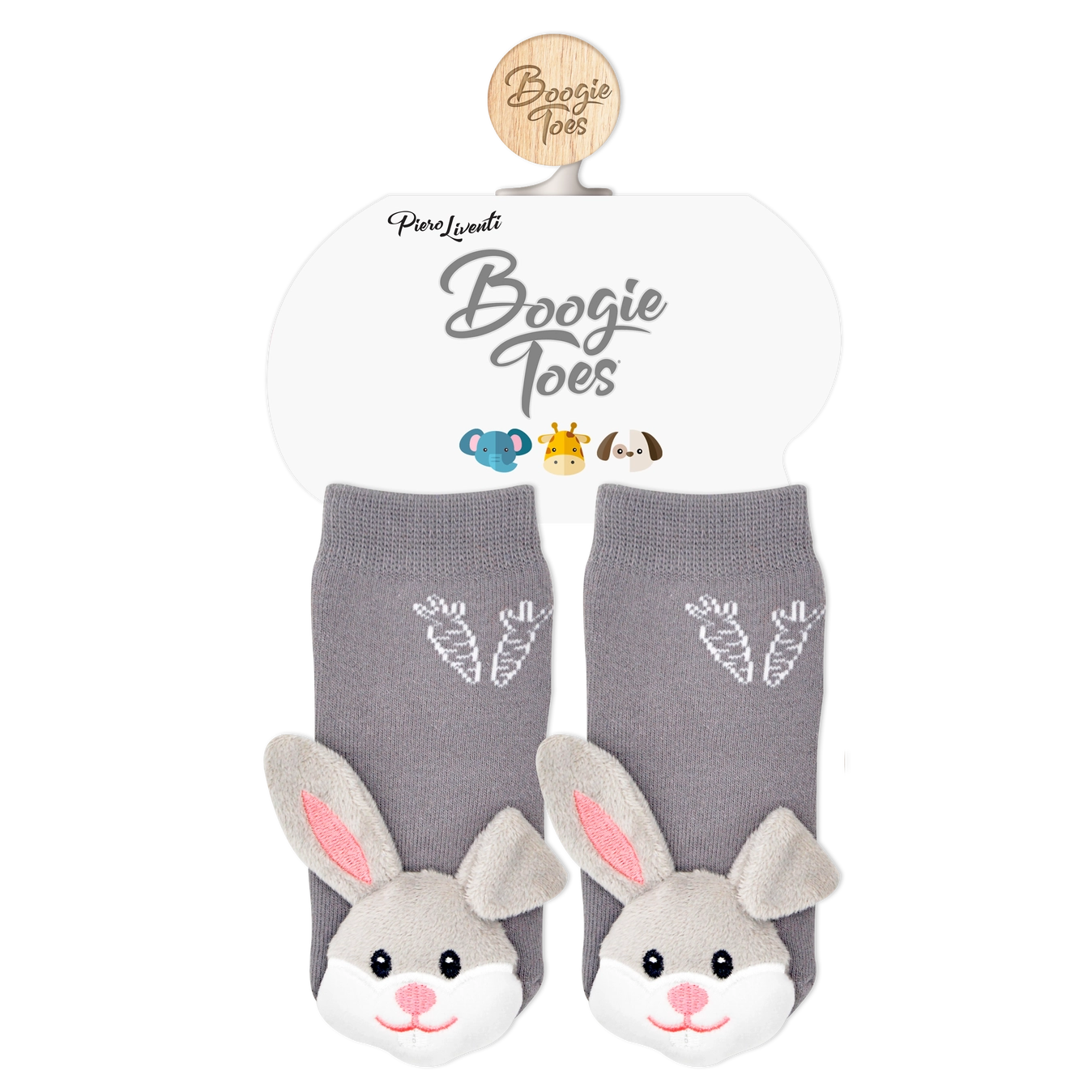 Gray bunny slippers with pink ears and carrot designs on a white background, featuring the brand &