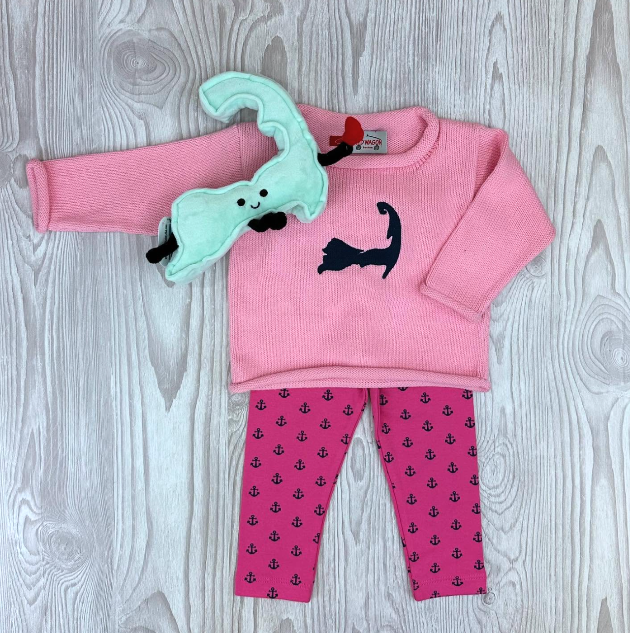 pink sweater with navy cape cod design