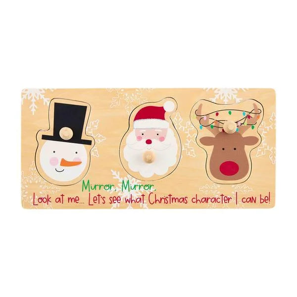 Wooden puzzle with Christmas-themed characters on a decorative background