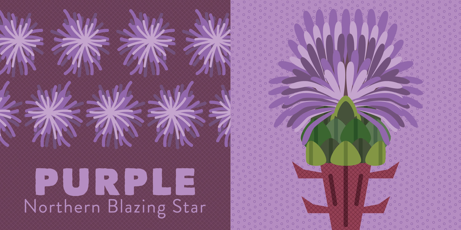 Illustration of a purple flower with green leaves on a purple background, labeled &