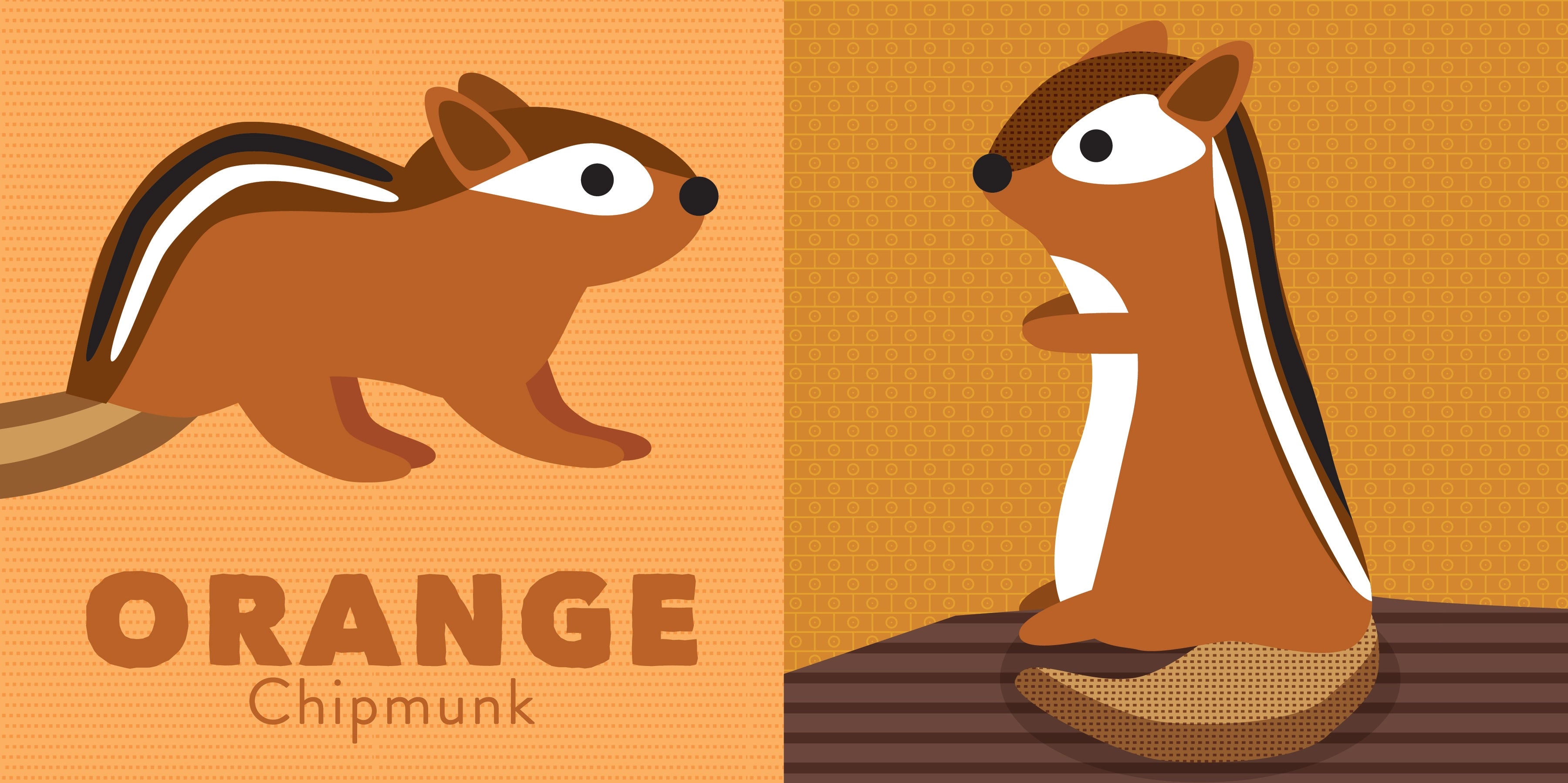 Illustration of an orange chipmunk on a brown background with &