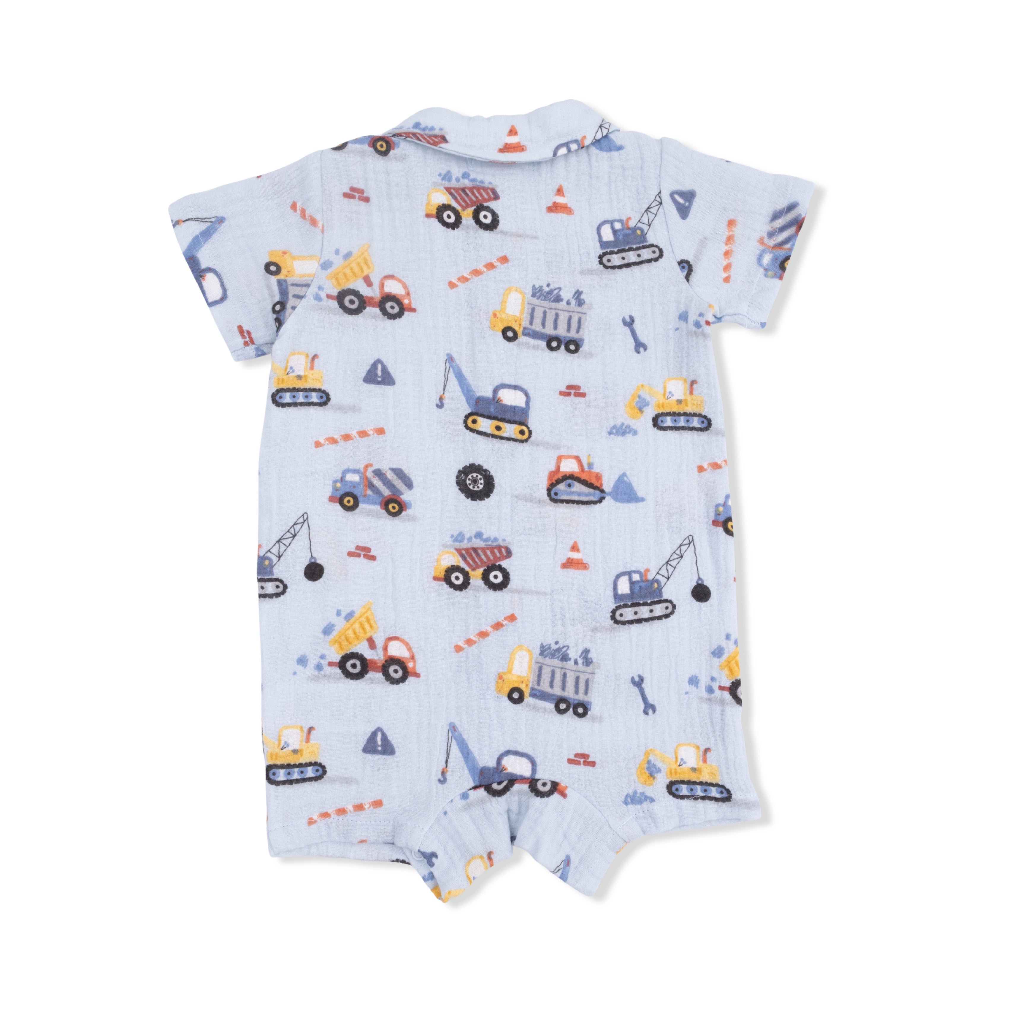 Baby romper with construction vehicle pattern on a white background