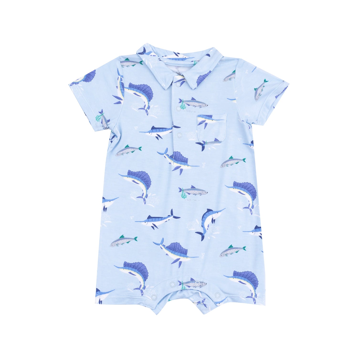 blue polo shortie with big fish printed all over