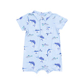 blue polo shortie with big fish printed all over
