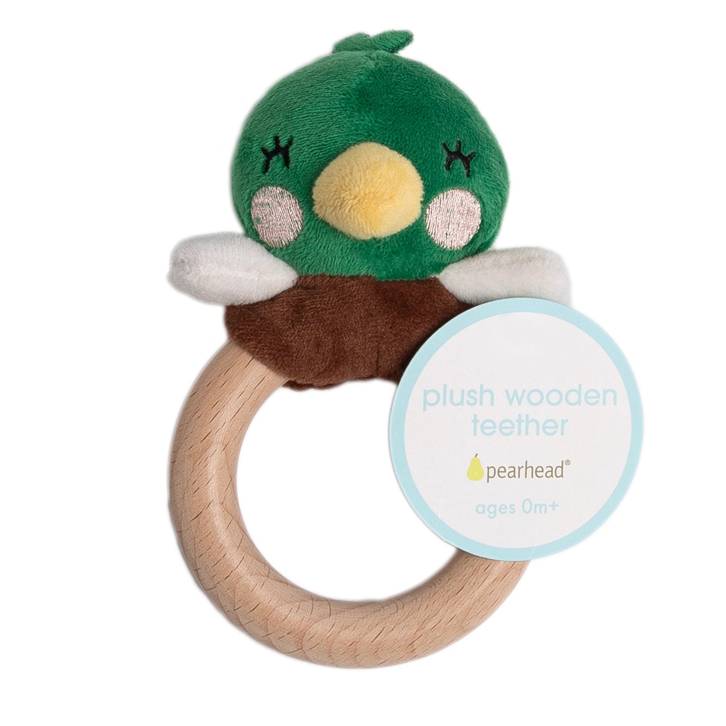 Green plush bird with wooden ring and Pearhead label on a white background