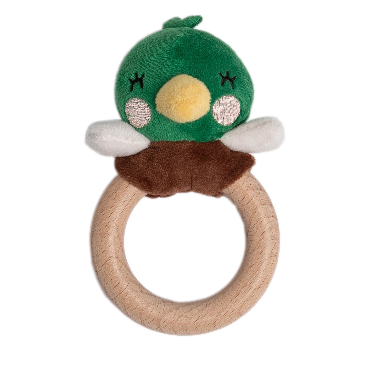Green plush toy with a wooden ring on a white background