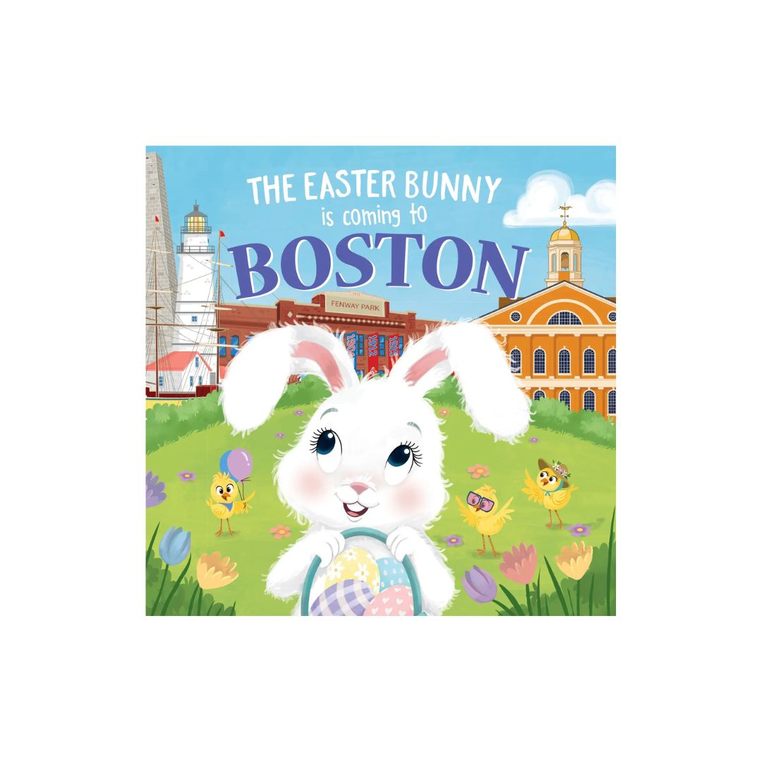 Book cover with Easter bunny and Boston landmarks