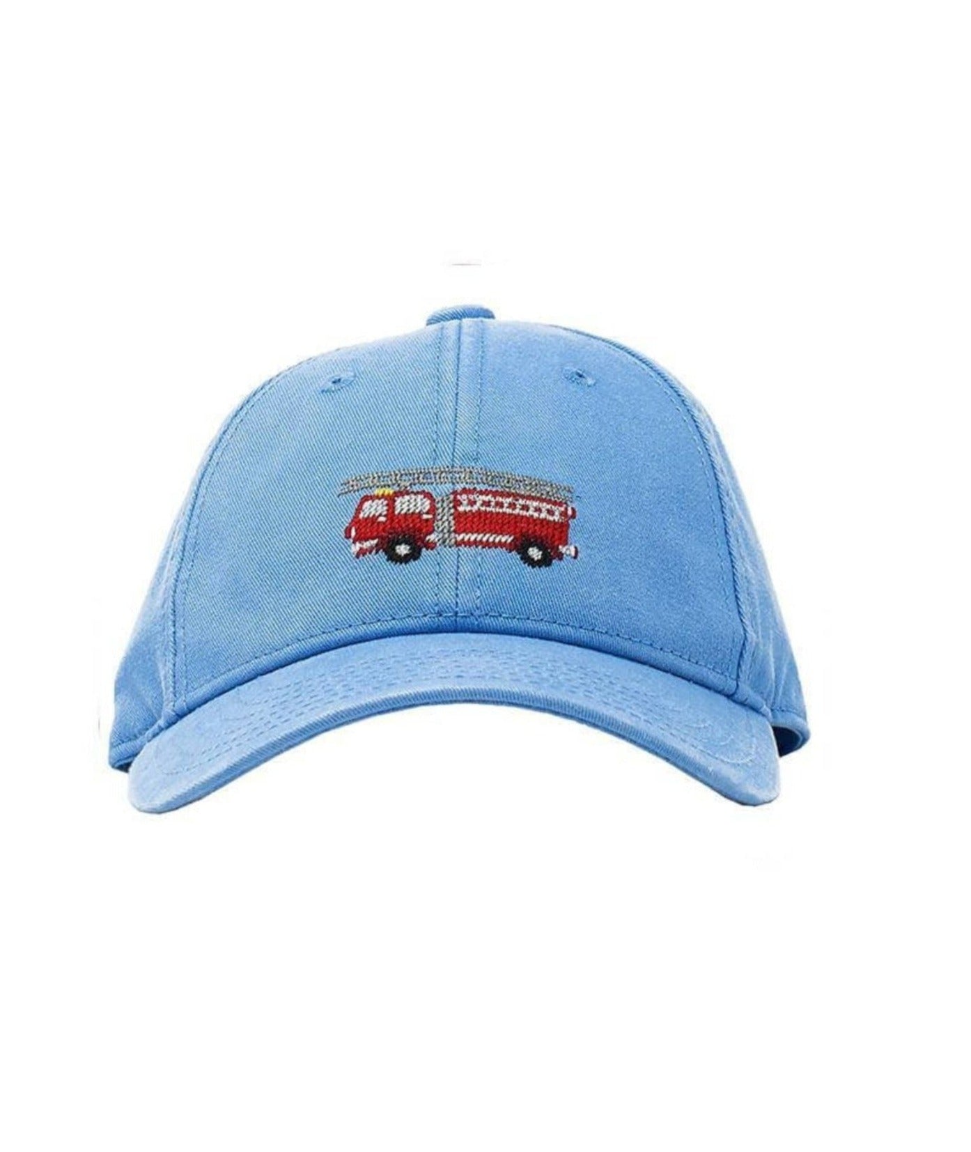 A light blue cap with a needlepoint embroidered firetruck design on the front and an adjustable white sail cloth back strap.