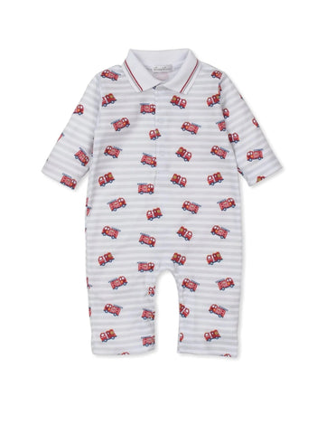 grey and white striped polo long sleeve and long pant playsuit with red firetrucks all over