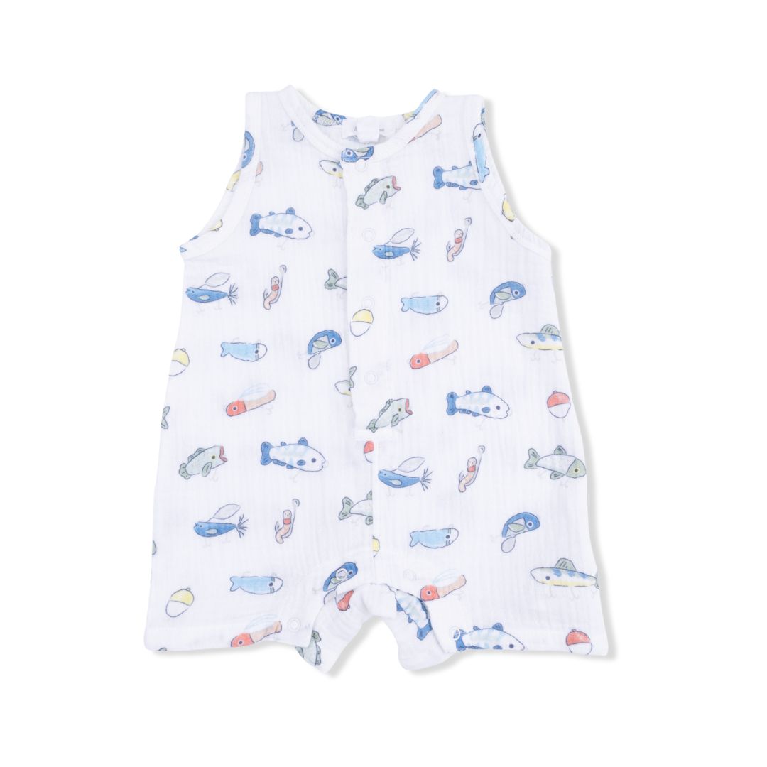 Baby romper with colorful fish print on a white background
