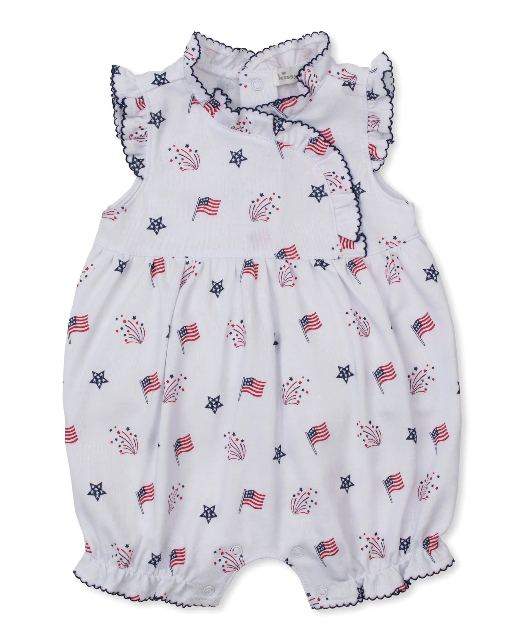 white ruffle playsuit with flags, fireworks and blue stars all over, navy blue trim