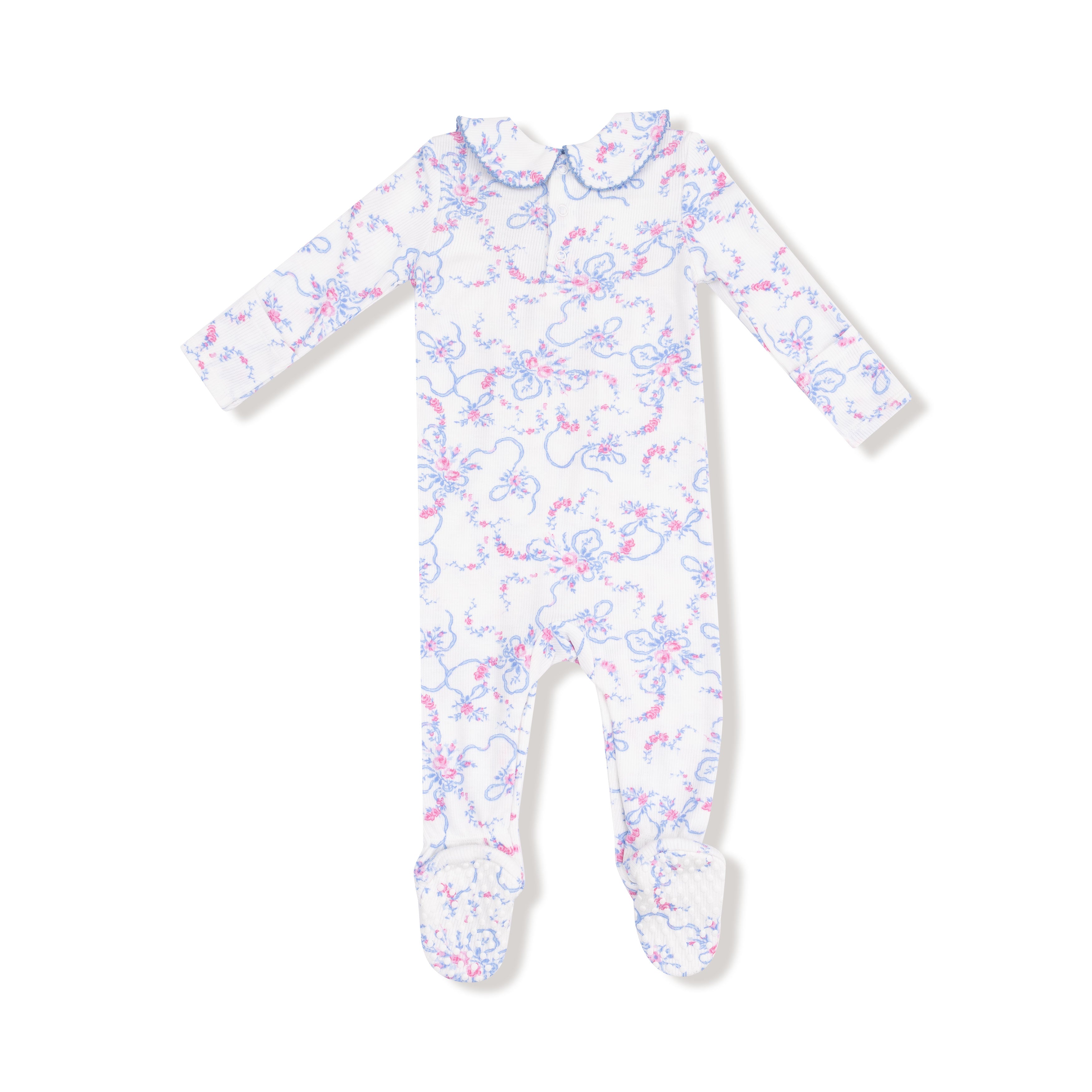 Baby onesie with colorful pattern on a white background