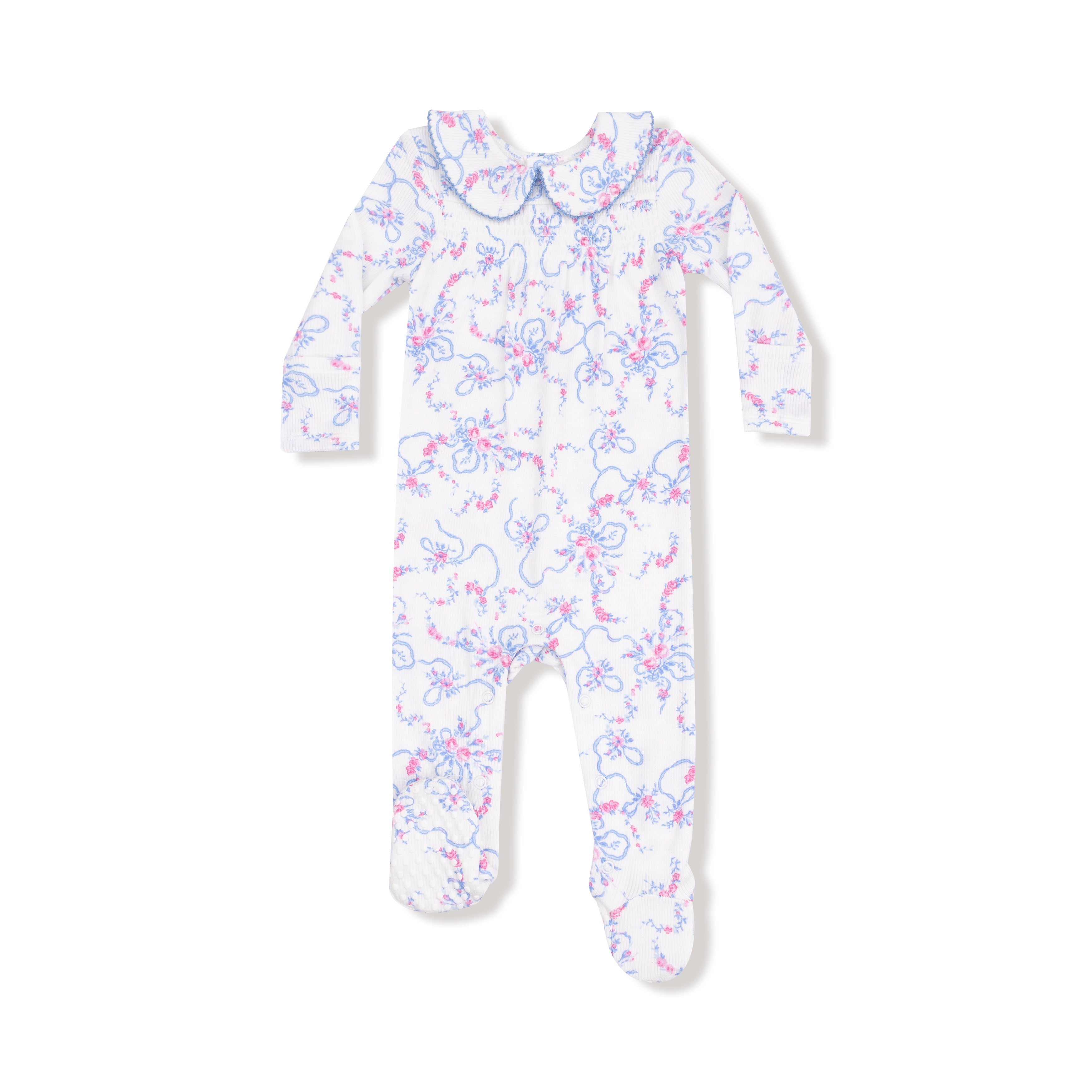 Baby onesie with floral pattern on a white background