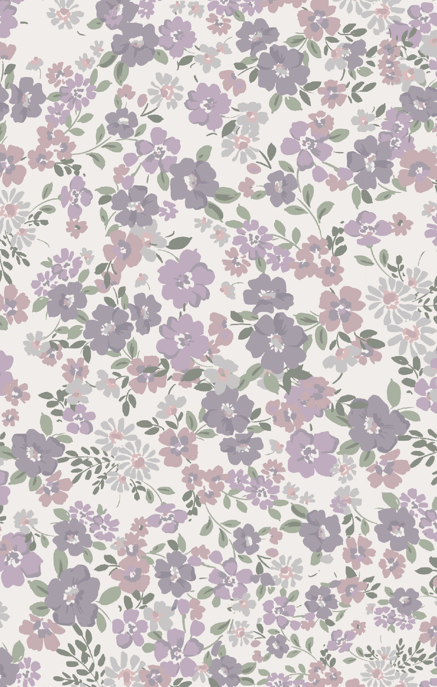Floral pattern with purple and pink flowers on a white background