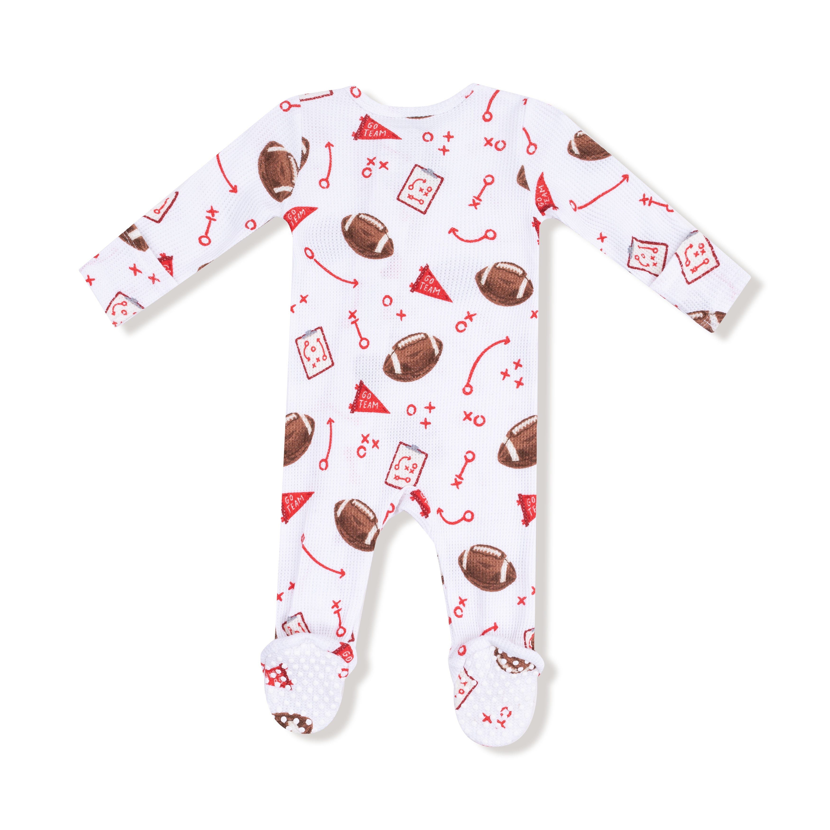 Baby onesie with football pattern on a white background