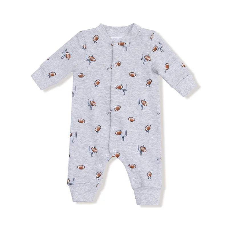 grey long sleeve romper with footballs all over