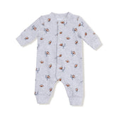 grey long sleeve romper with footballs all over