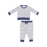 navy and white striped french terry sweatshirt and jogger kids set